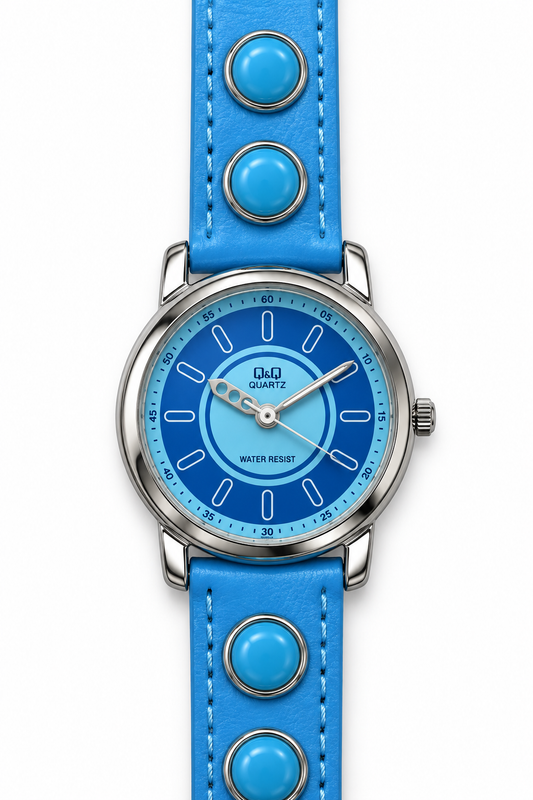 Orologio Q&Q azzurro con quadrante blu e cinturino a borchie tonde