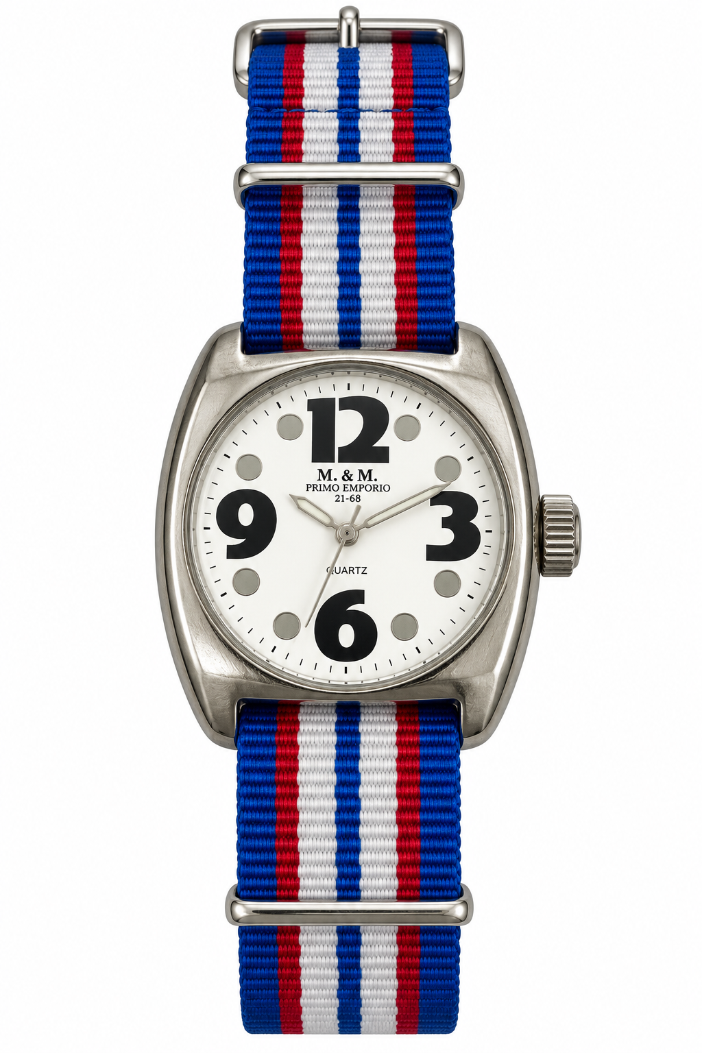 M.&M. Primo Emporio 21-68 – Orologio Unisex Cassa Acciaio Quarzo Cinturino NATO | Blu, Verde, Rosso, Bianco
