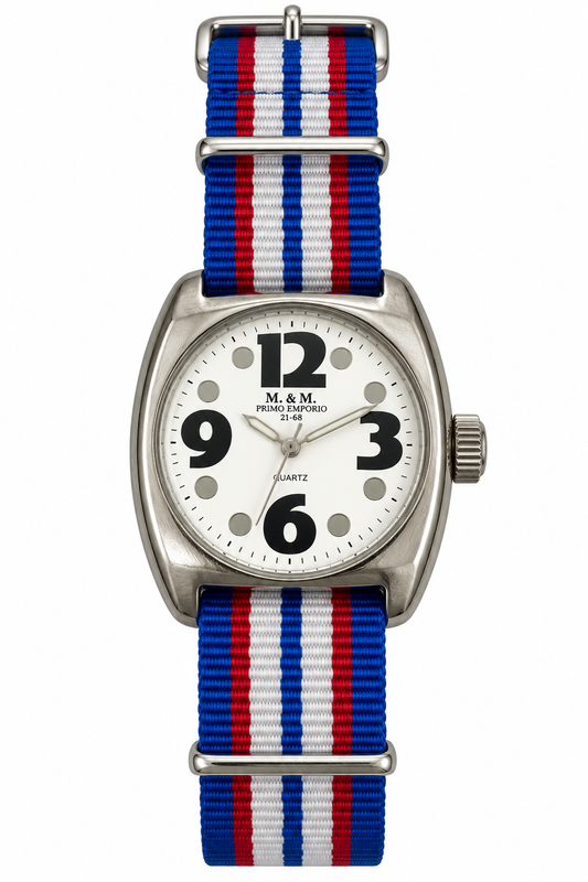 M.&M. Primo Emporio 21-68 – Orologio Unisex Cassa Acciaio Quarzo Cinturino NATO | Blu, Verde, Rosso, Bianco