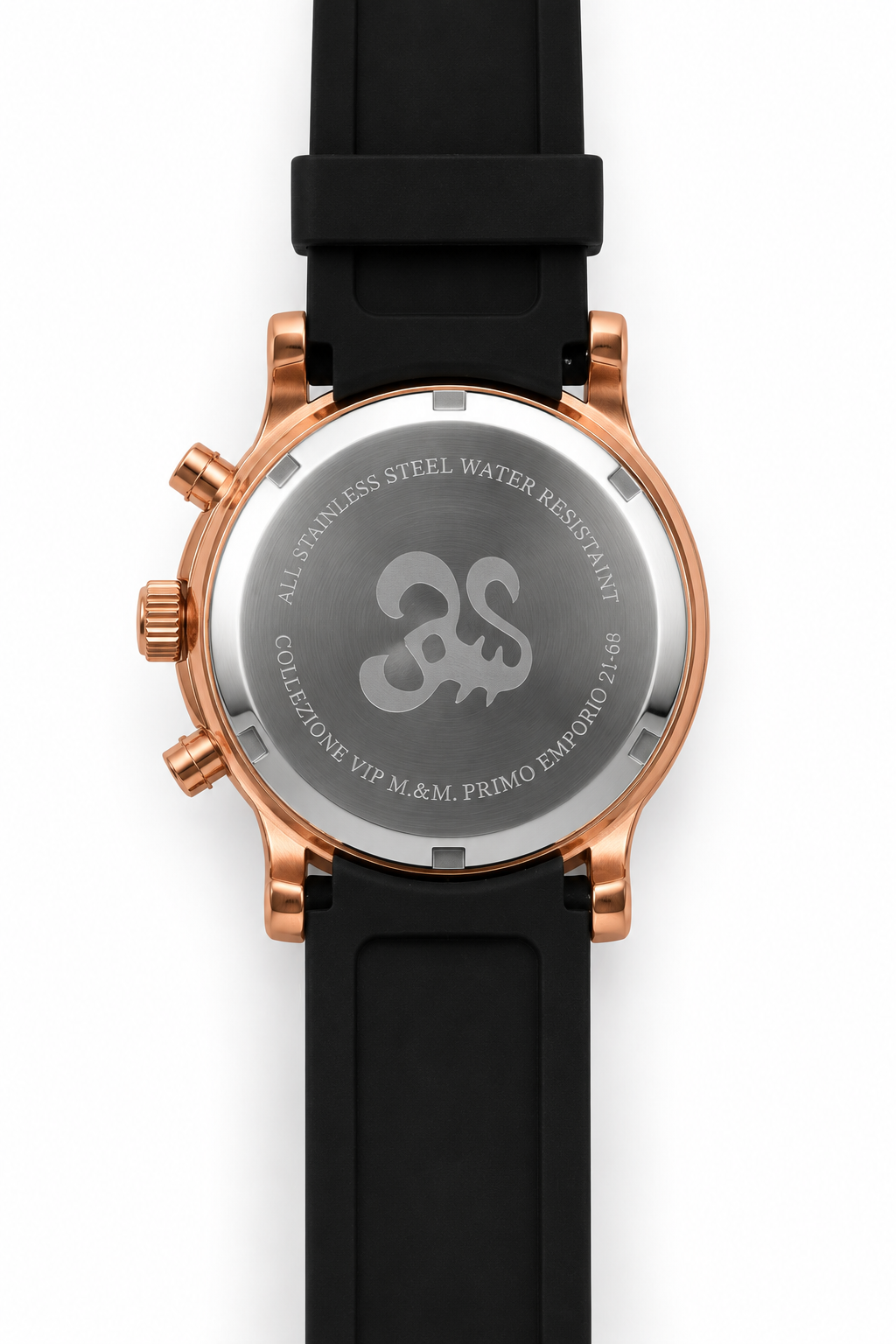 M.&M. VIP Primo Emporio 21-58 — Cronografo Uomo Rose Gold Tachimetro Quadrante Bianco Cinturino Gomma Nero