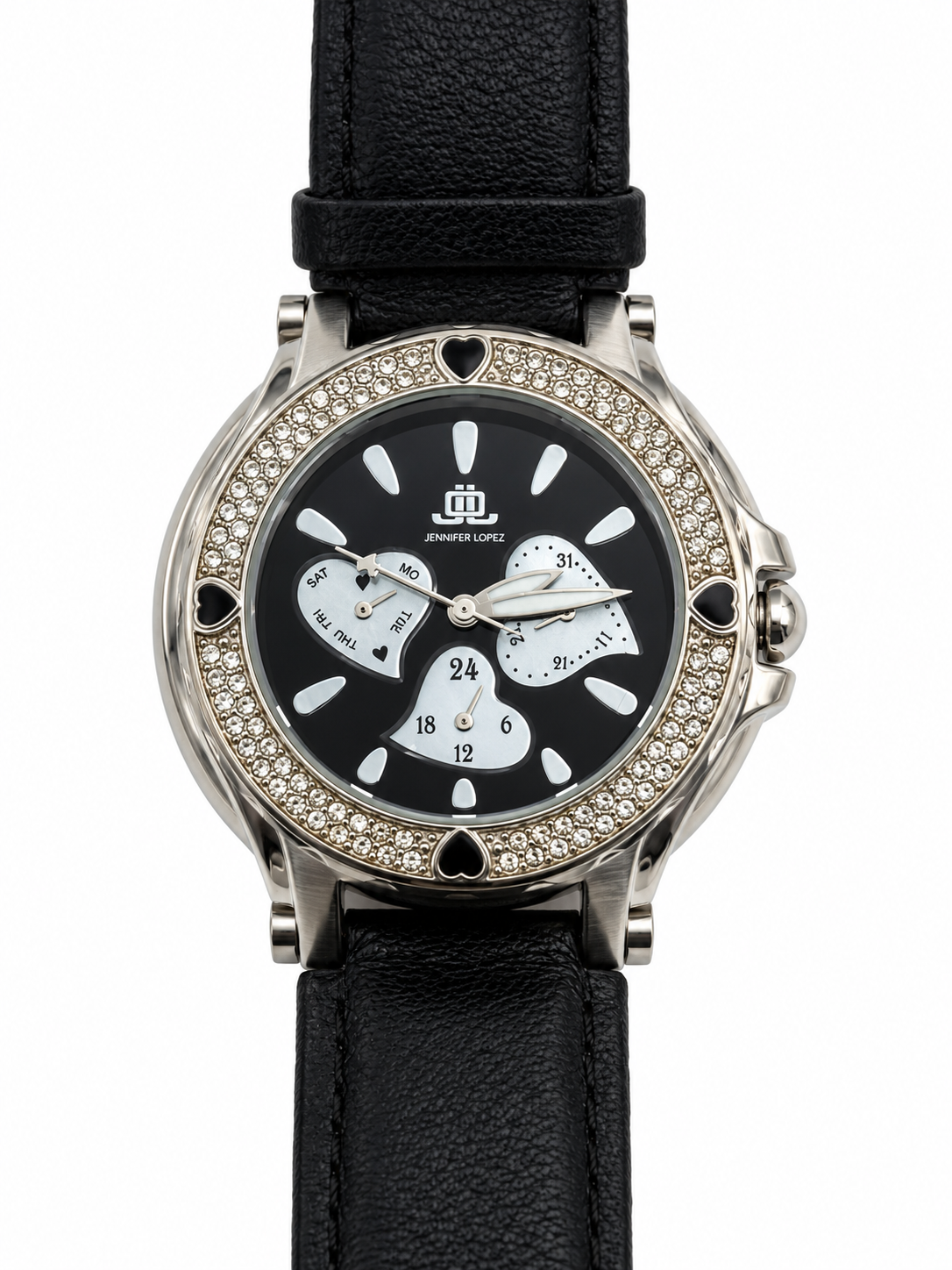 Orologio donna JLO by Jennifer Lopez nero con cuori, strass e cinturino in pelle