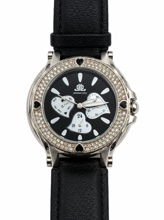 Orologio donna JLO by Jennifer Lopez nero con cuori, strass e cinturino in pelle