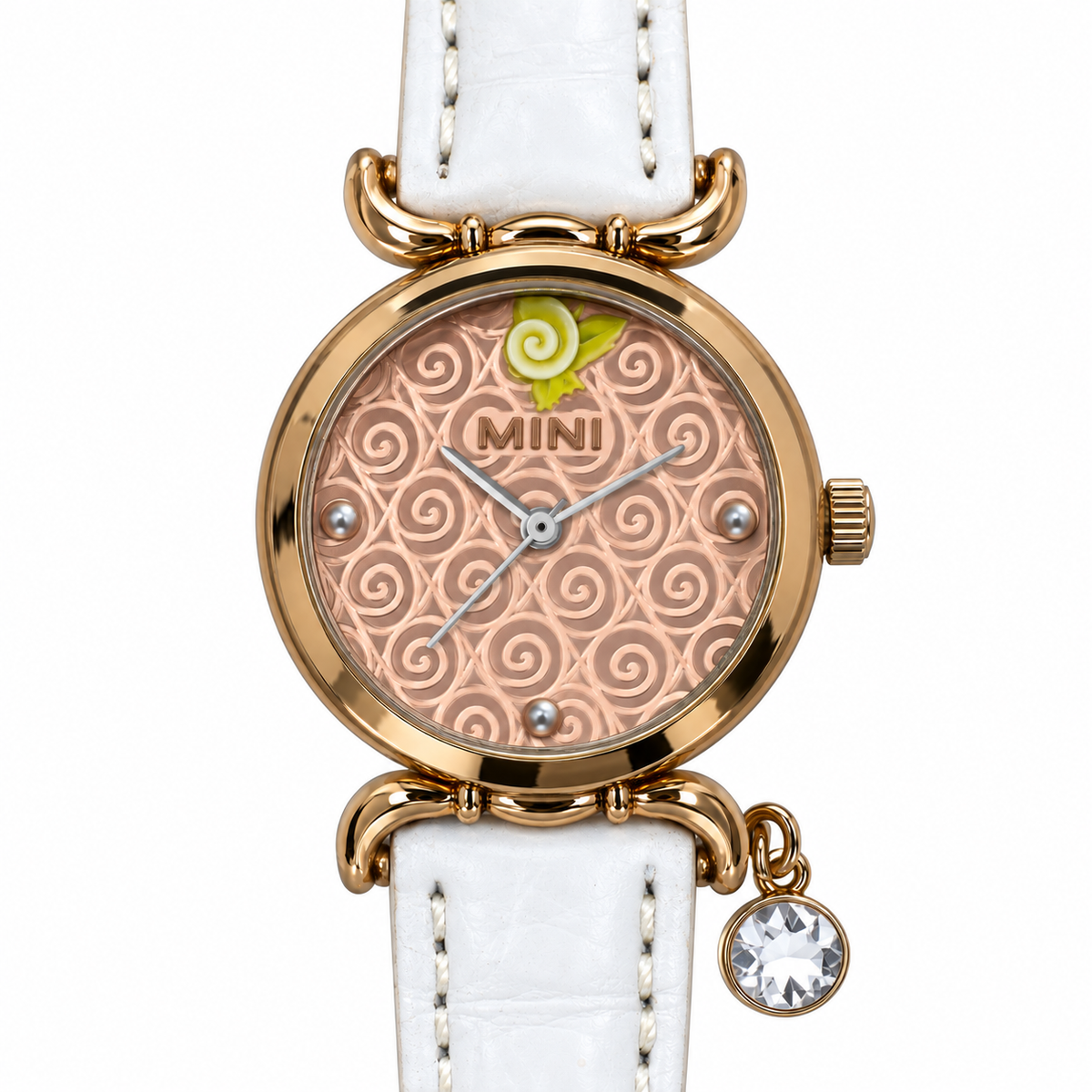 Orologio Mini Miniature rosa e dorato con cinturino bianco e pendente con cristallo