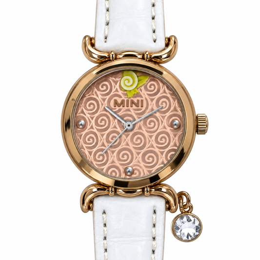 Orologio Mini Miniature rosa e dorato con cinturino bianco e pendente con cristallo