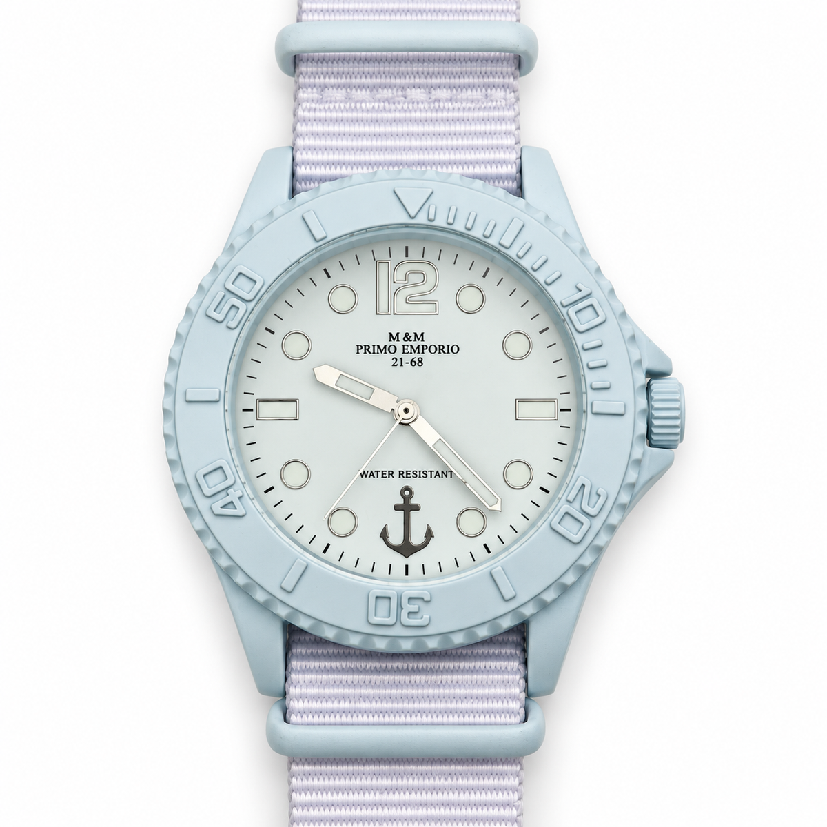 Orologio M&M Primo Emporio azzurro con ancora e cinturino in tessuto bianco