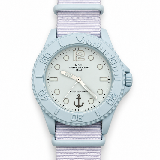 Orologio M&M Primo Emporio azzurro con ancora e cinturino in tessuto bianco