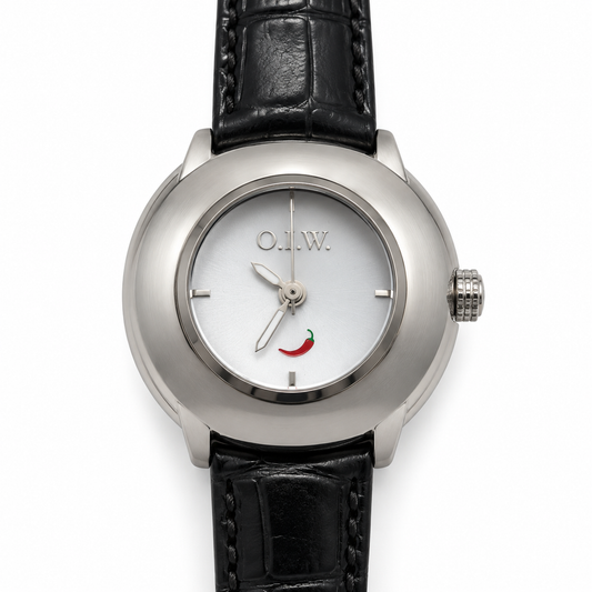 Orologio O.I.W. rotondo argentato con quadrante bianco e cinturino nero
