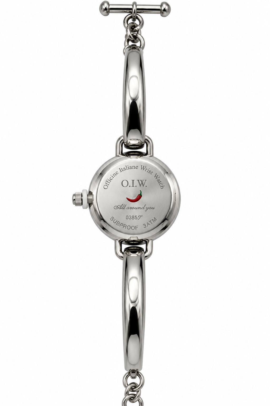 O.I.W. — Orologio Donna Micro Cassa Glitter Argento Bracciale Bangle T-Bar