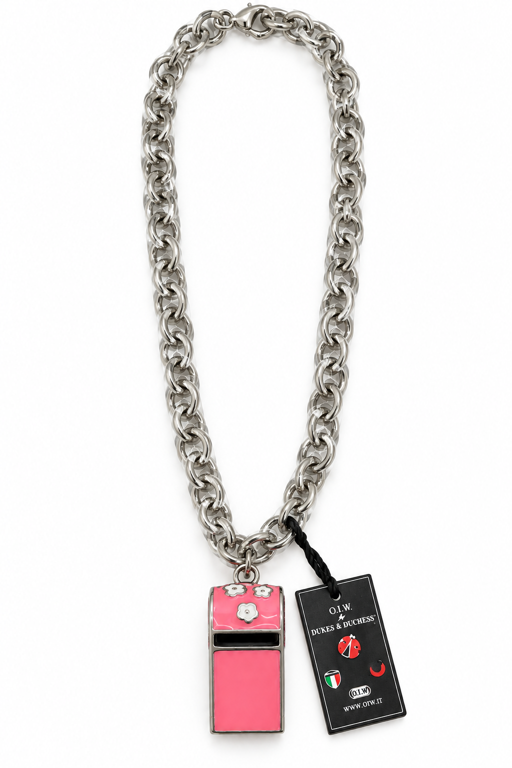 OIW – Collana Donna Catena Rolo Oversize Silver Ciondolo Fischietto Smalto Rosa Fiorellini