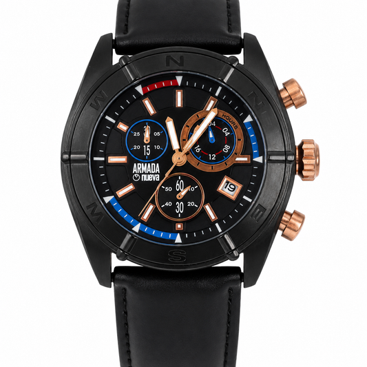 Armada Nueva – Chronographe Boussole Total Black avec Détails Or Rose et Bracelet Cuir Noir
