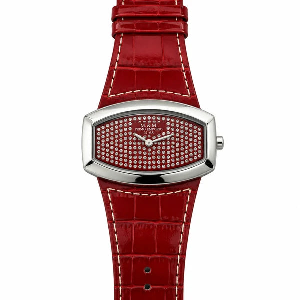 M&M Primo Emporio – Orologio Donna Barrel Pavé Cristalli Cinturino Coccodrillo | Verde Acqua, Rosso, Giallo o Rosa