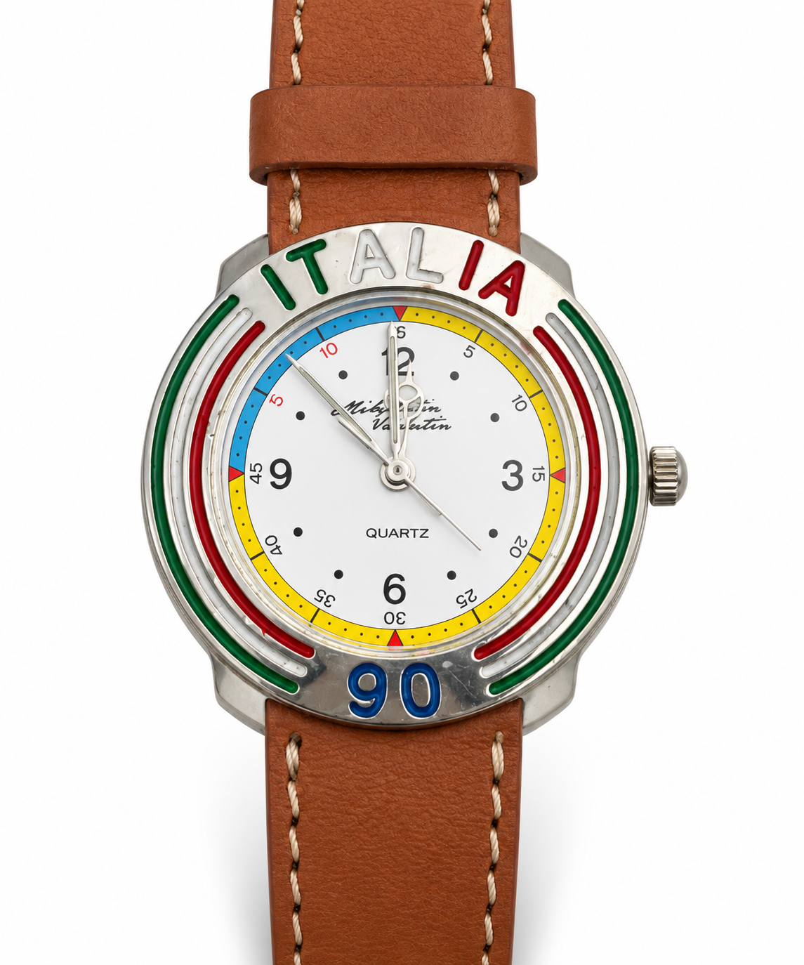 Orologio Italia90 al quarzo con ghiera tricolore e cinturino cognac – 3 versioni