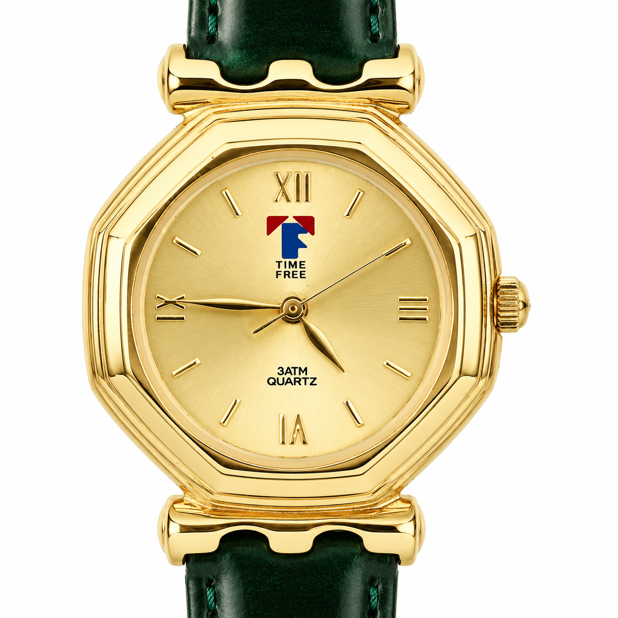 Time Free – Orologio Unisex Cassa Ottagonale Oro Quadrante Champagne Numeri Romani Cinturino Verde 3ATM
