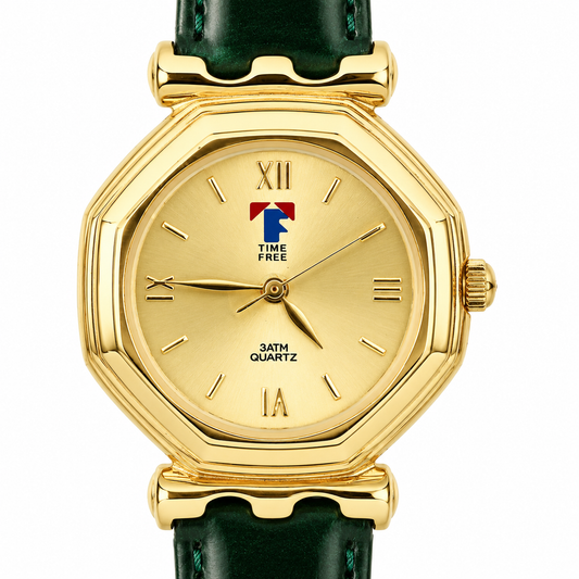 Time Free – Orologio Unisex Cassa Ottagonale Oro Quadrante Champagne Numeri Romani Cinturino Verde 3ATM