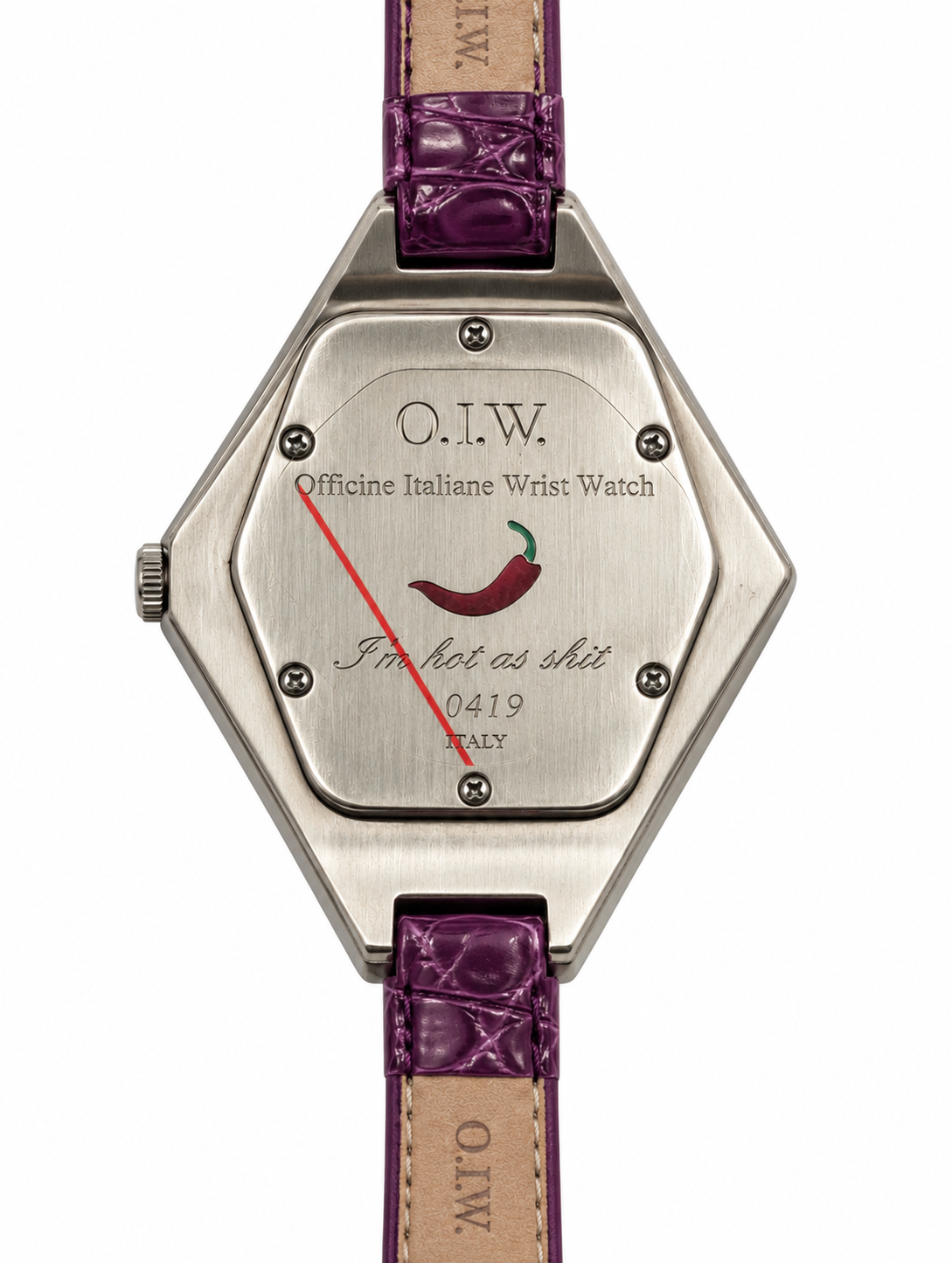 Orologio O.I.W. a rombo argentato con quadrante chiaro e cinturino viola