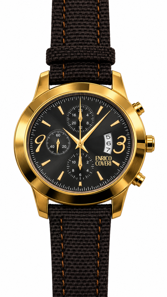 Enrico Coveri - Cronografo Uomo Cassa Oro Quadrante Nero Cinturino Tessuto