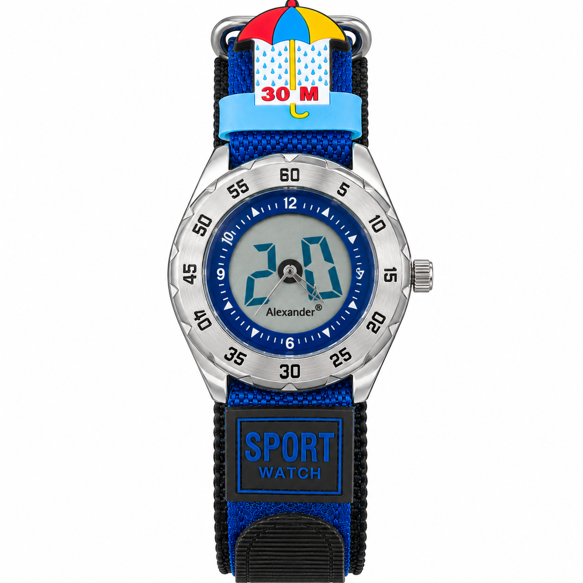Orologio sportivo digitale blu per bambino con cinturino intrecciato e lunetta argentata