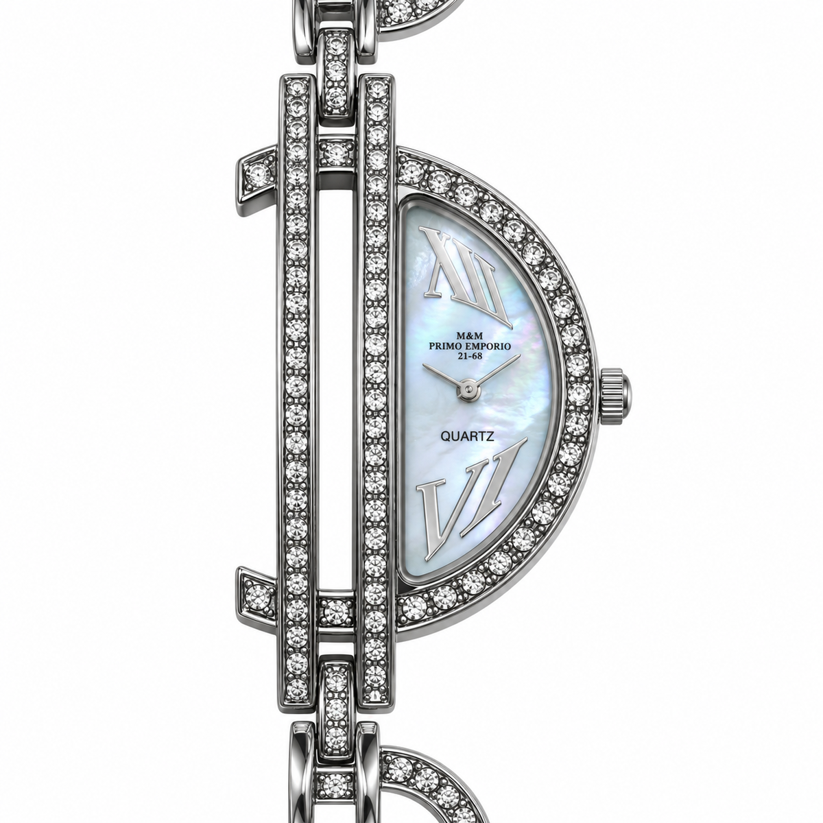 Orologio M&M Primo Emporio a mezzaluna con quadrante perlato, numeri romani e struttura argentata decorata