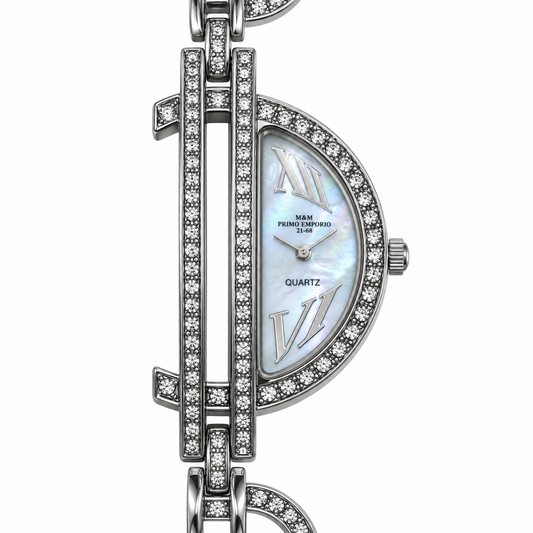 Orologio M&M Primo Emporio a mezzaluna con quadrante perlato, numeri romani e struttura argentata decorata