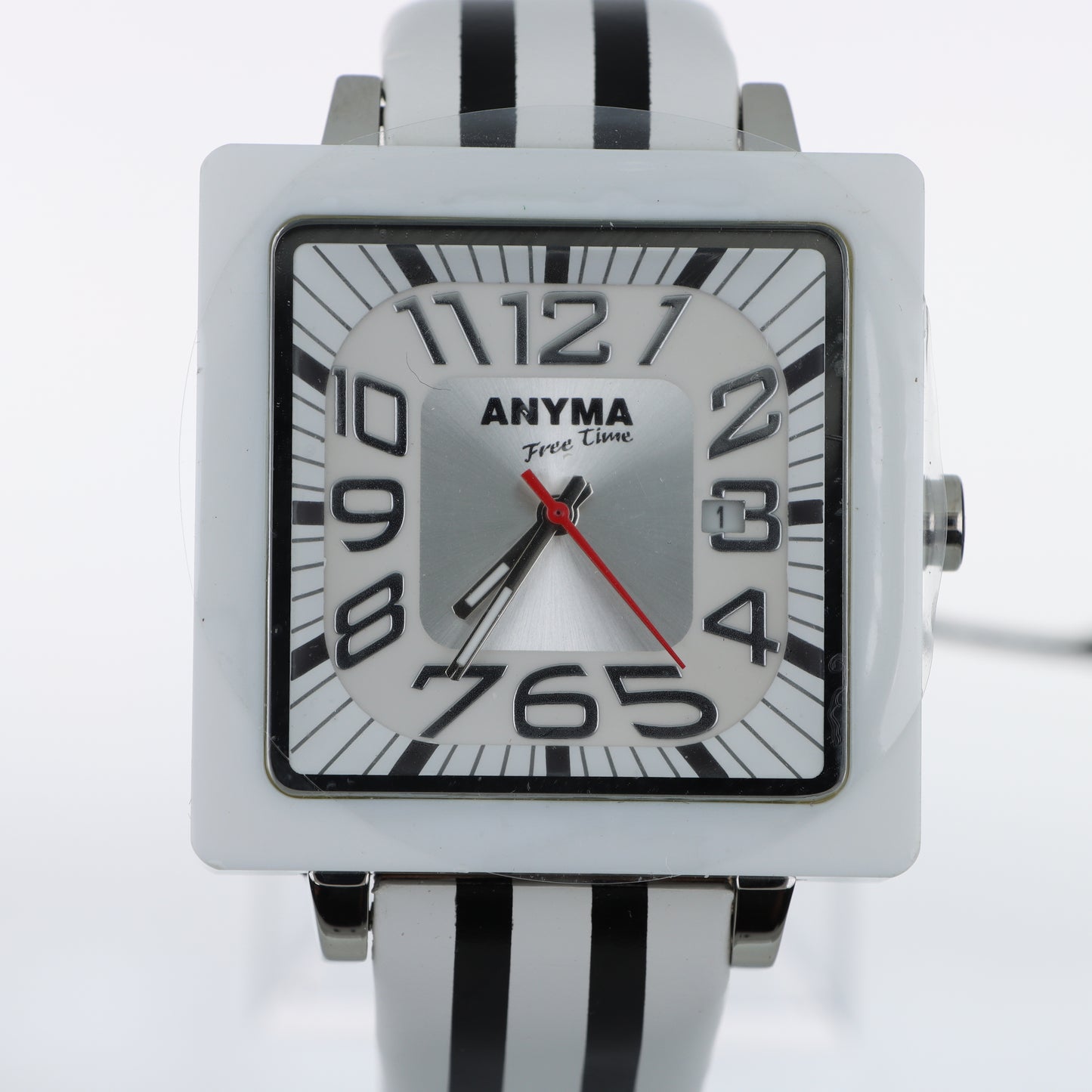 Anyma Free Time – Orologio Cassa Quadrata Bianca Quadrante Bianco/Nero con Data e Cinturino Silicone