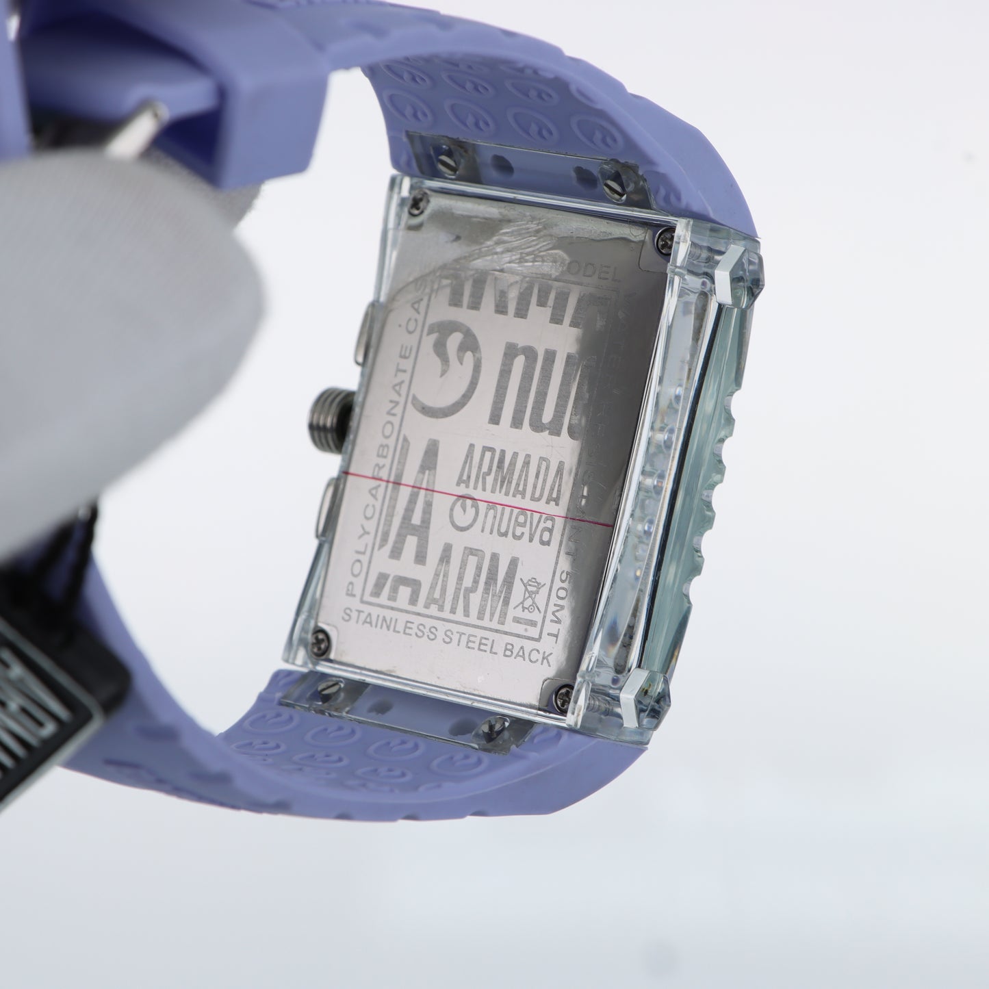 Armada Nueva – Cronografo Cassa Rettangolare Trasparente con Dettagli Lilla e Cinturino Silicone
