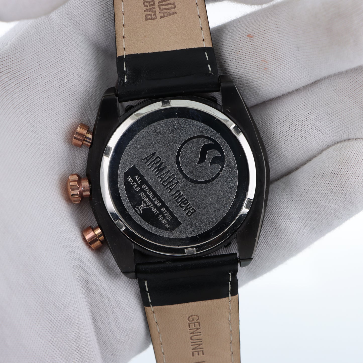 Armada Nueva – Cronografo Bussola Total Black con Dettagli Oro Rosa e Cinturino Pelle Nera