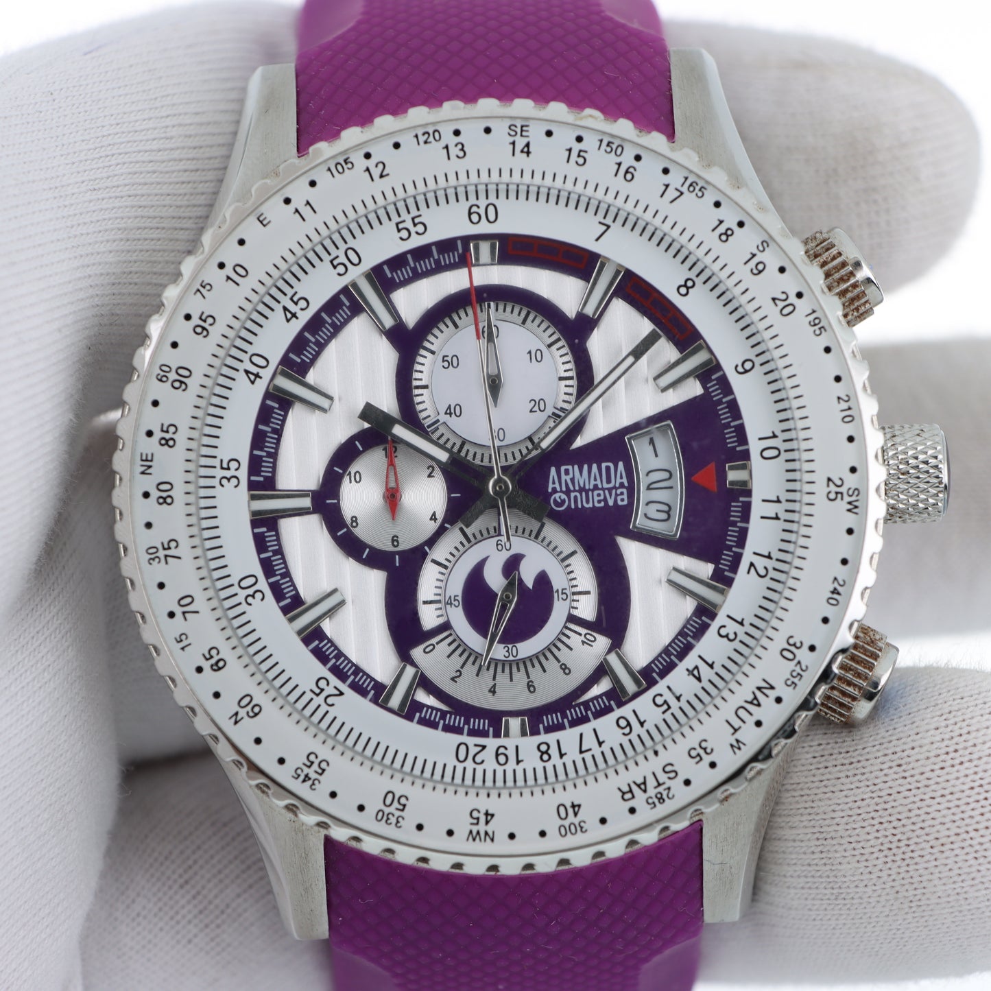 Armada Nueva – Cronografo Aviatore Acciaio con Bezel Bussola Nautica Quadrante Viola e Cinturino Silicone
