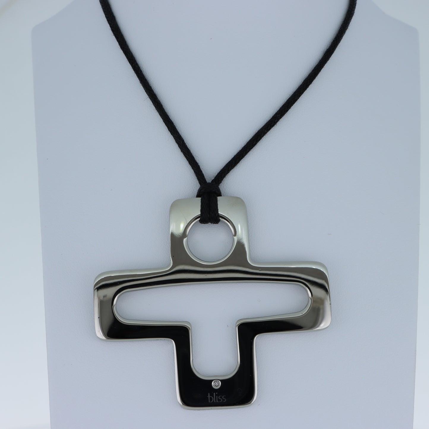 Bliss – Collana Croce Acciaio Lucido con Cristallo e Cordino Nero