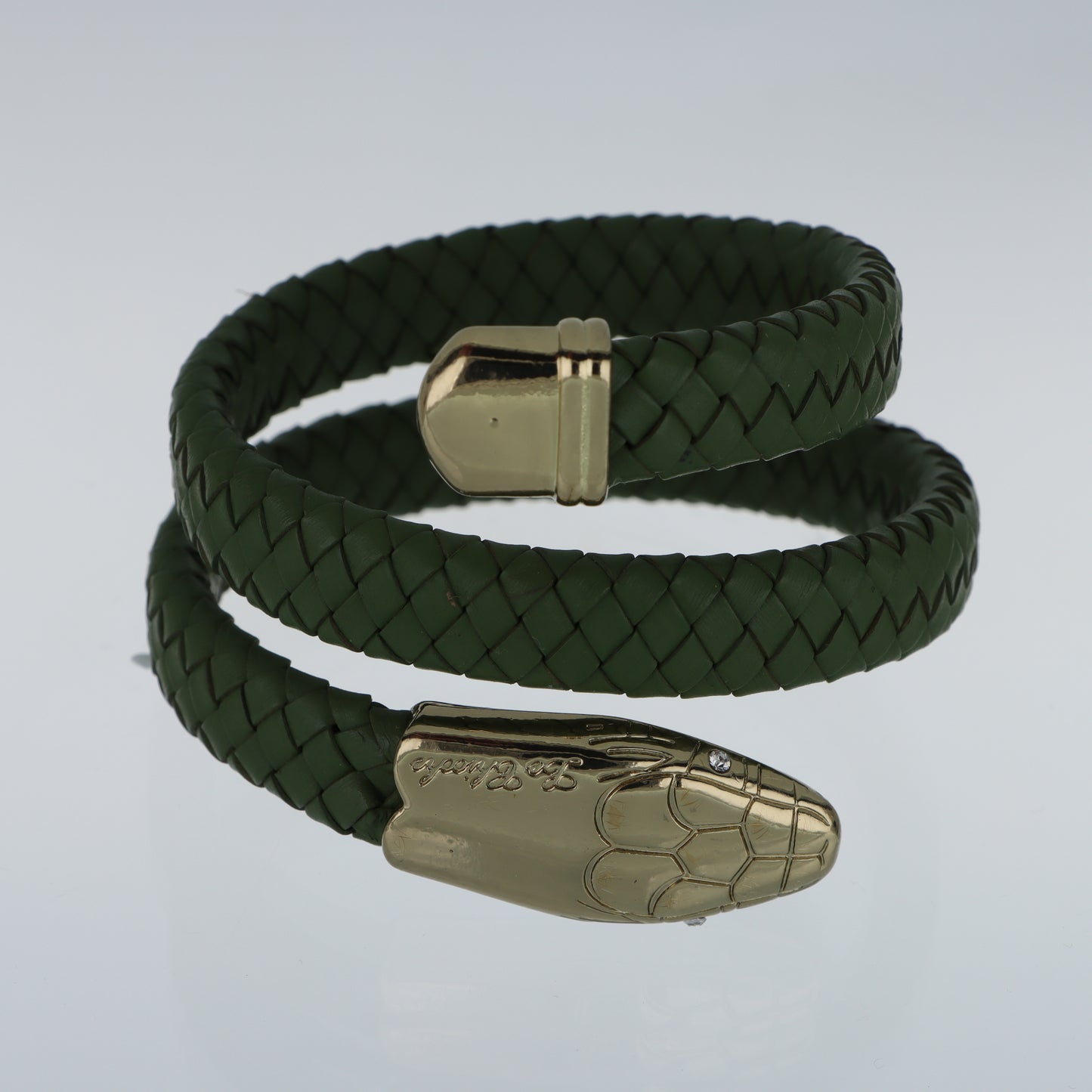 Le Chicche – Bracciale Serpente Cuoio Intrecciato Verde con Testa in Oro e Cristallo