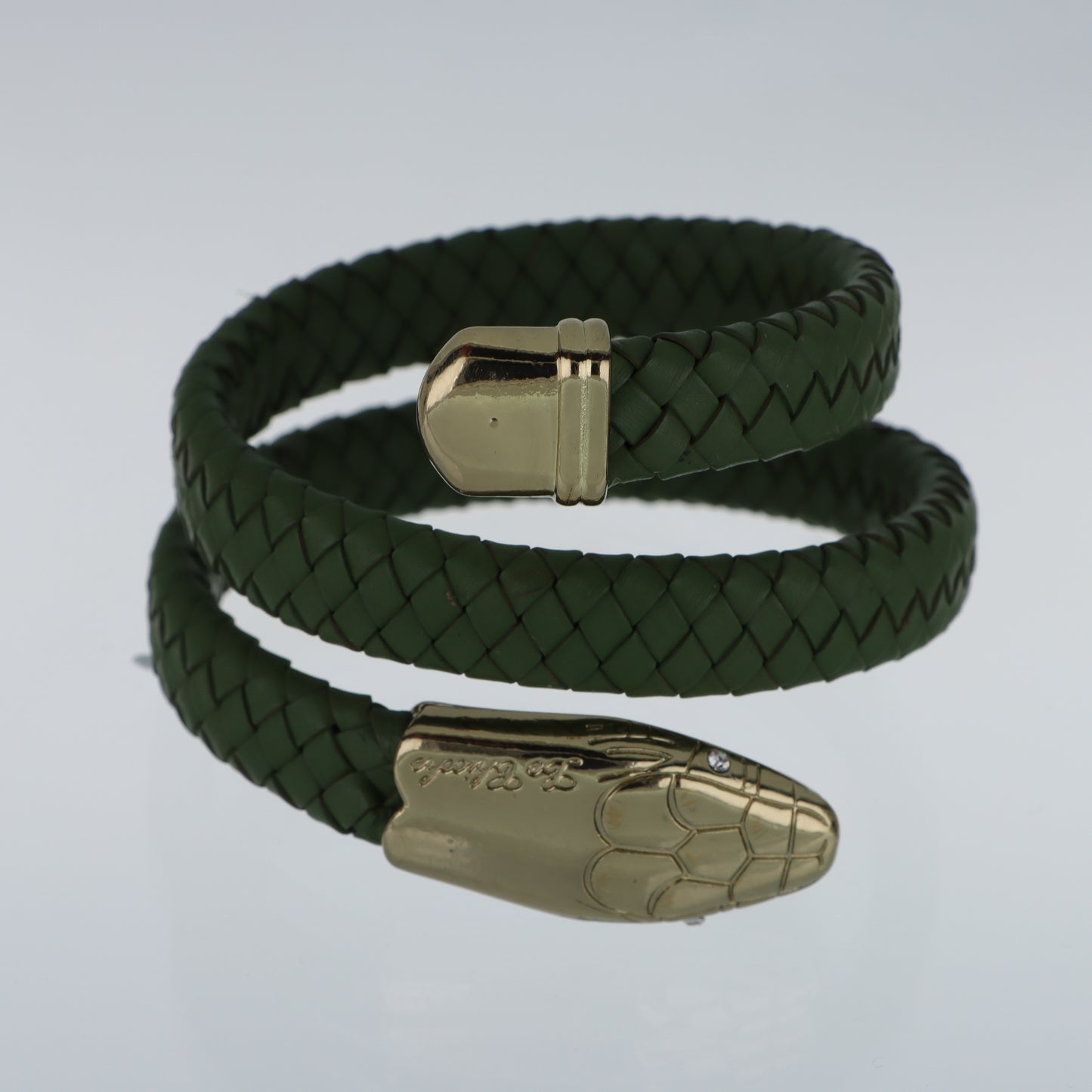 Le Chicche – Bracciale Serpente Cuoio Intrecciato Verde con Testa in Oro e Cristallo