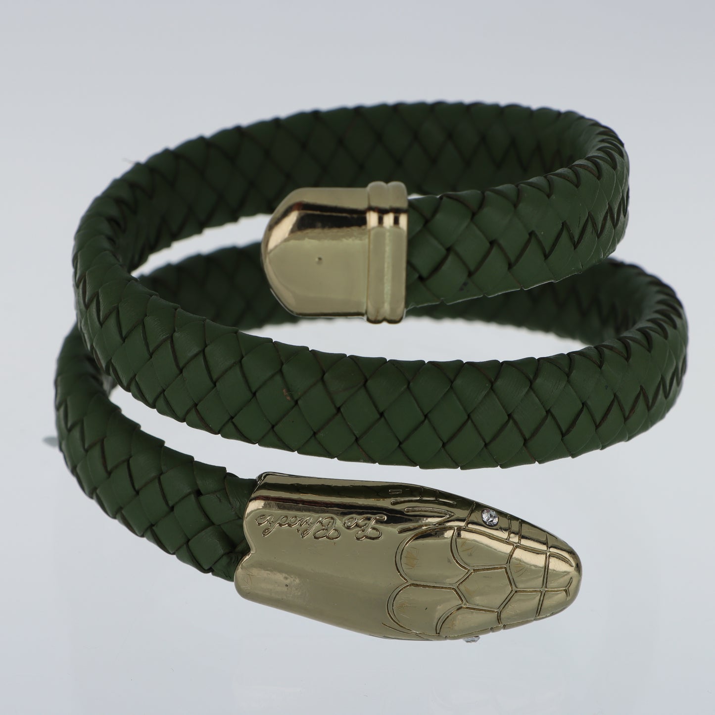 Le Chicche – Bracciale Serpente Cuoio Intrecciato Verde con Testa in Oro e Cristallo