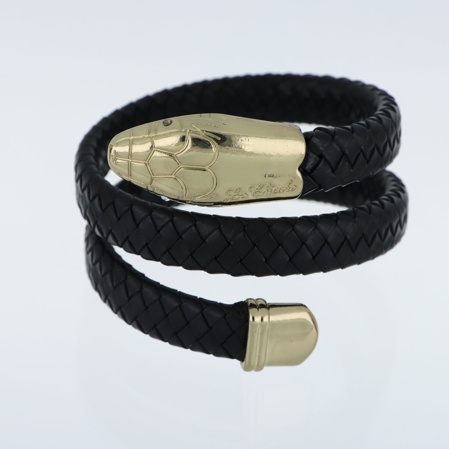 Le Chicche – Bracciale Serpente Cuoio Intrecciato Nero con Testa in Oro e Cristallo