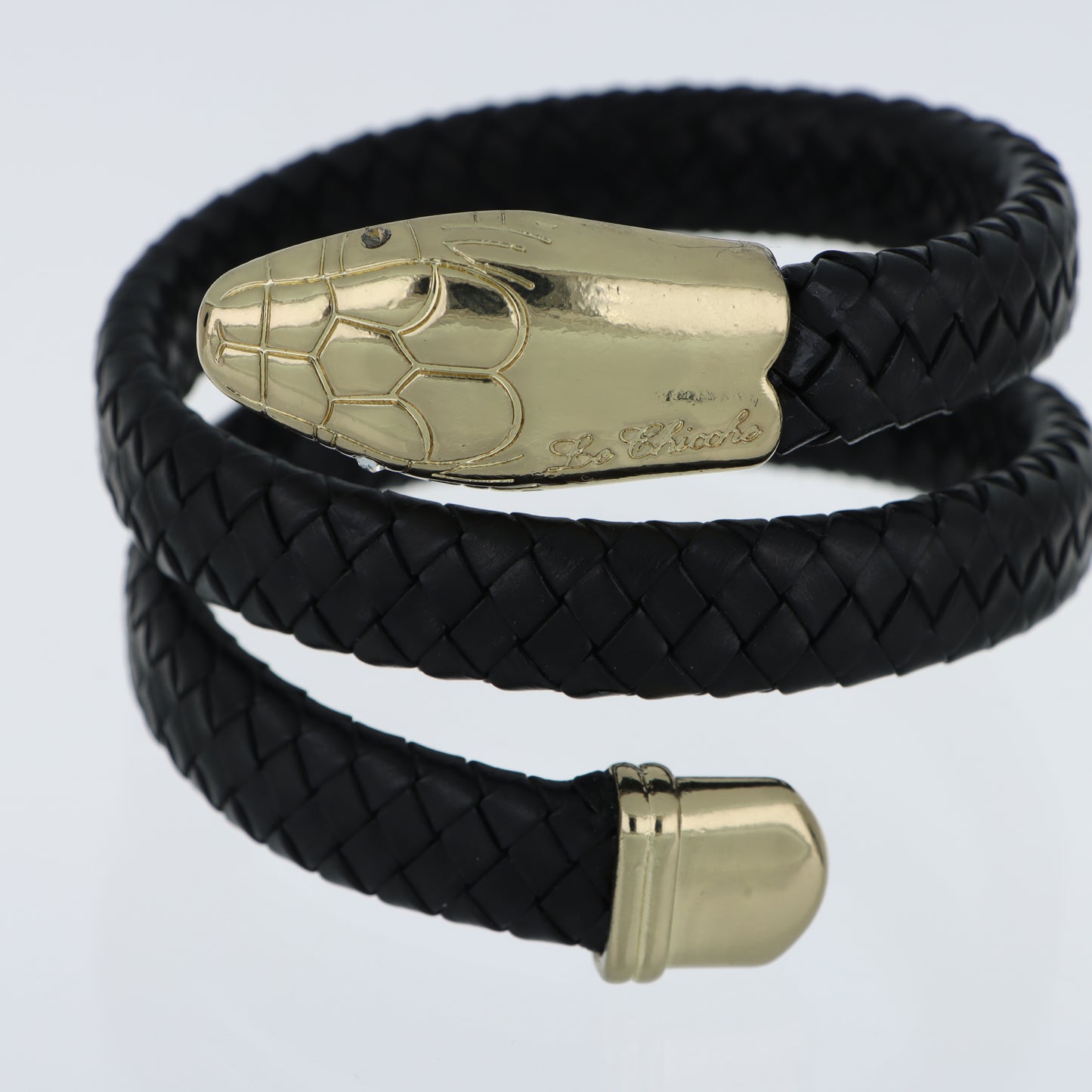 Le Chicche – Bracciale Serpente Cuoio Intrecciato Nero con Testa in Oro e Cristallo