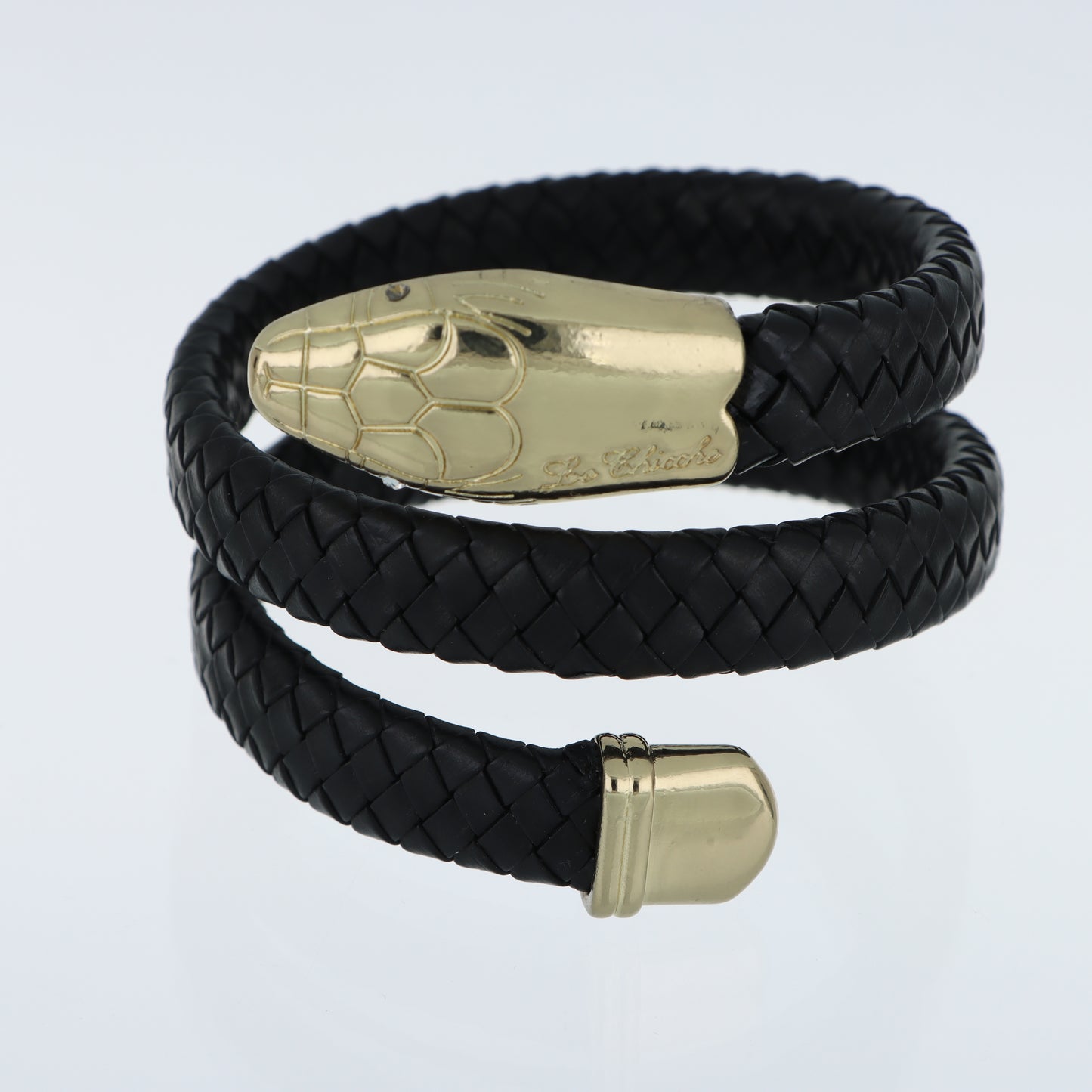 Le Chicche – Bracciale Serpente Cuoio Intrecciato Nero con Testa in Oro e Cristallo