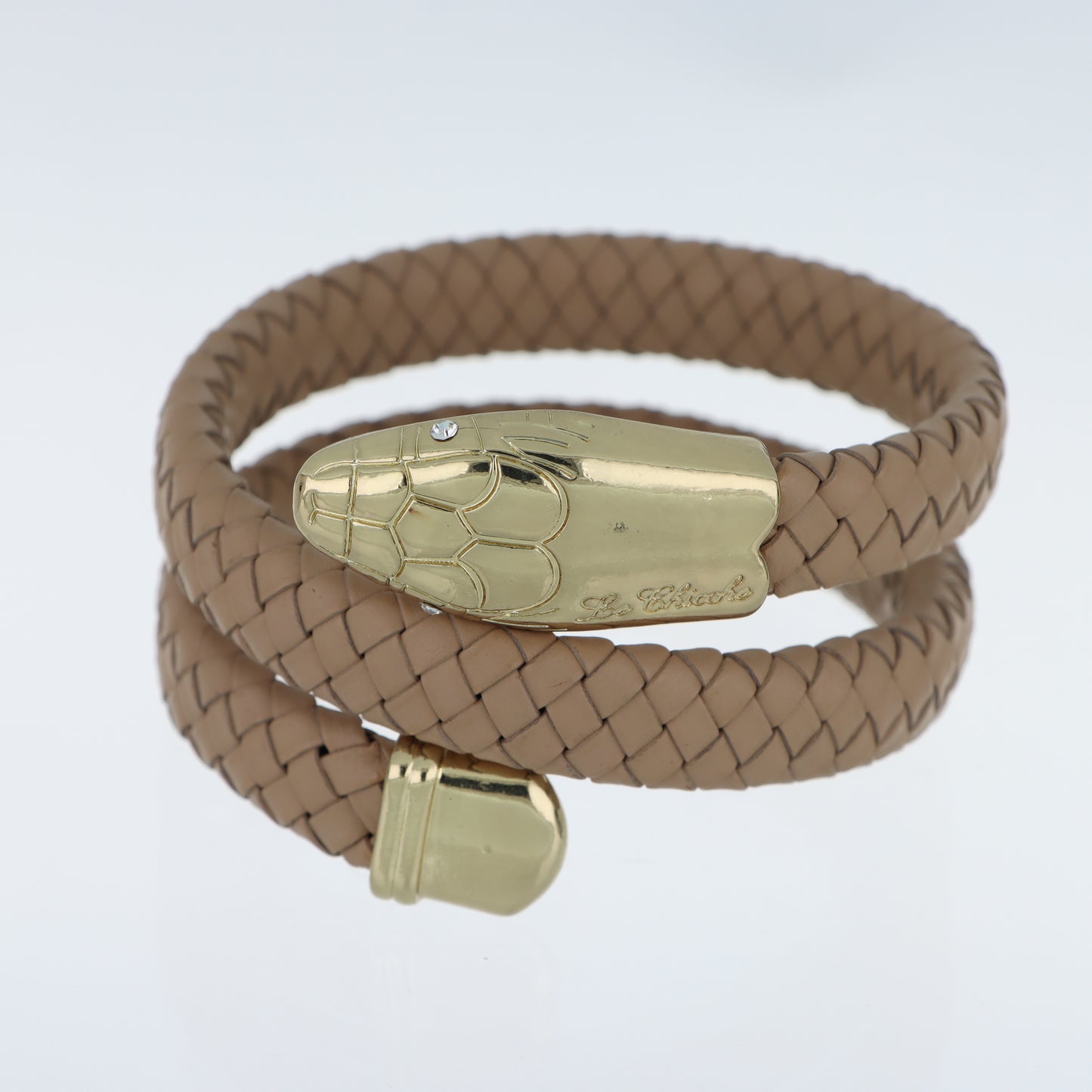 Le Chicche – Bracciale Serpente Cuoio Intrecciato Tortora con Testa in Oro e Cristallo