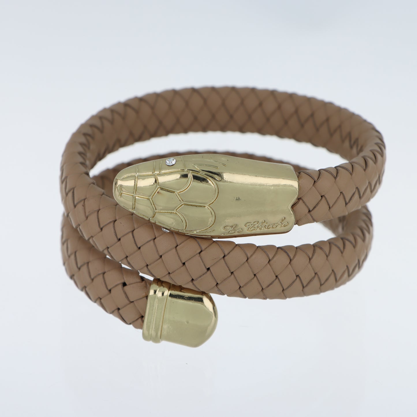 Le Chicche – Bracciale Serpente Cuoio Intrecciato Tortora con Testa in Oro e Cristallo
