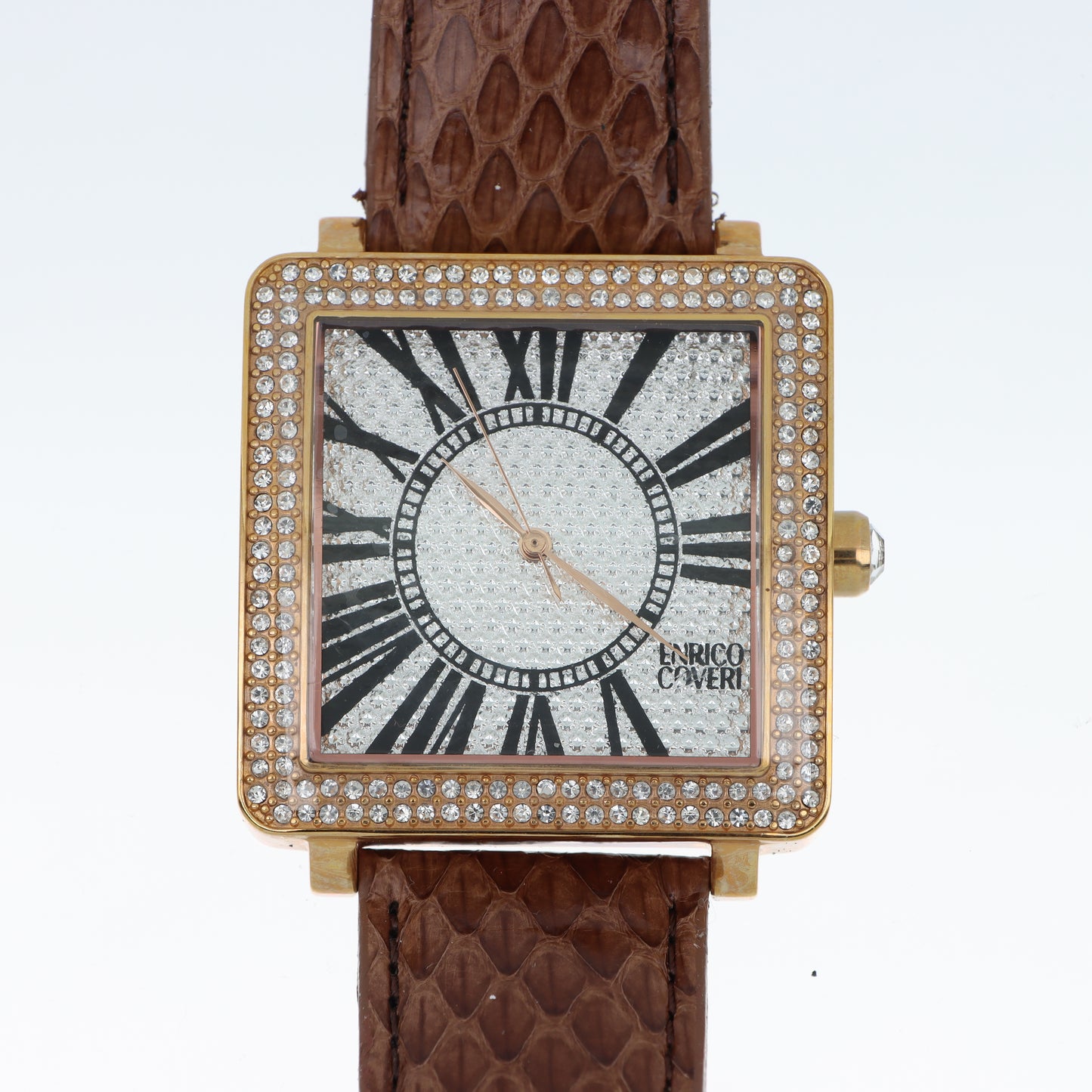 Enrico Coveri - Orologio Donna Cassa Quadrata Gold Pavé Numeri Romani Cinturino Pitone