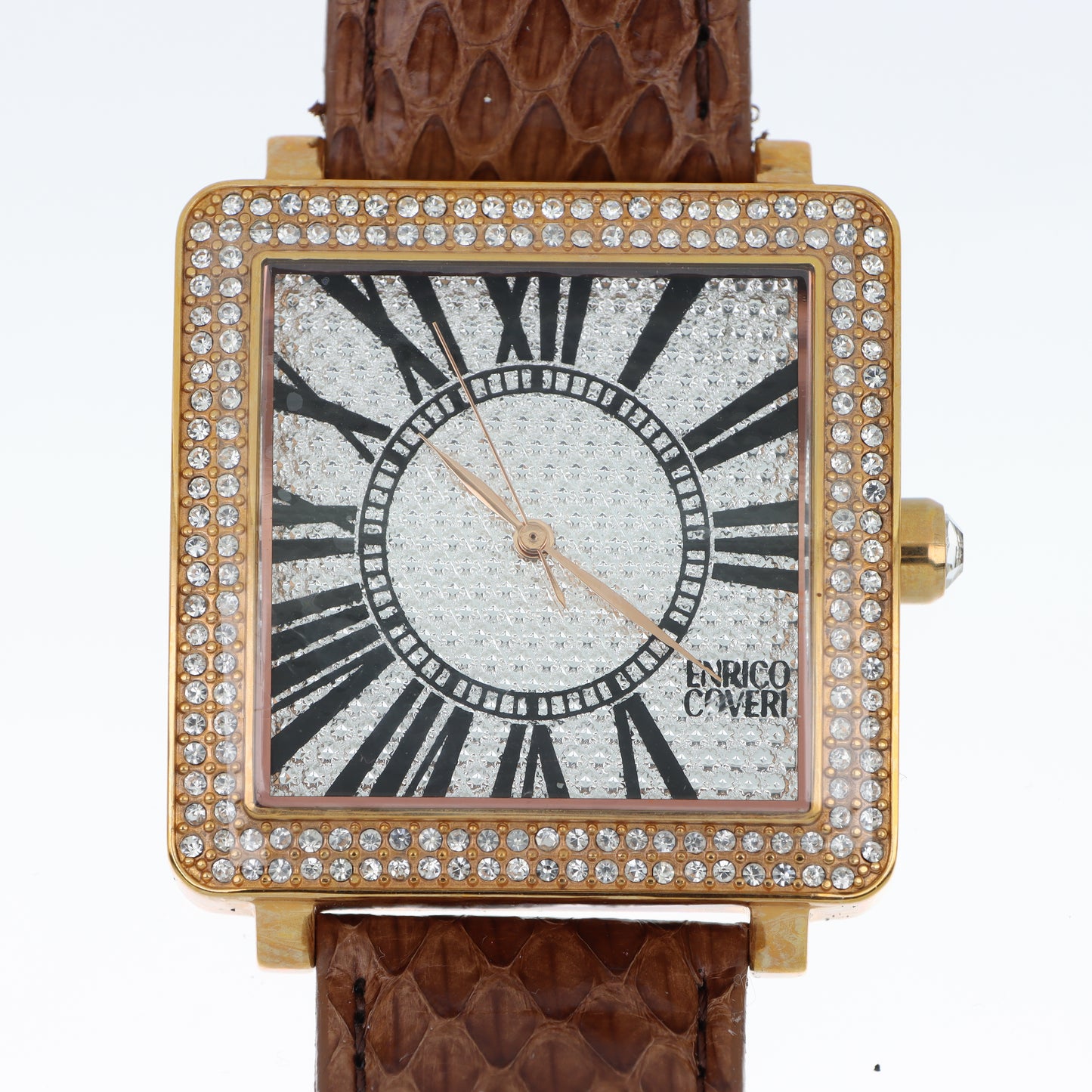 Enrico Coveri - Orologio Donna Cassa Quadrata Gold Pavé Numeri Romani Cinturino Pitone