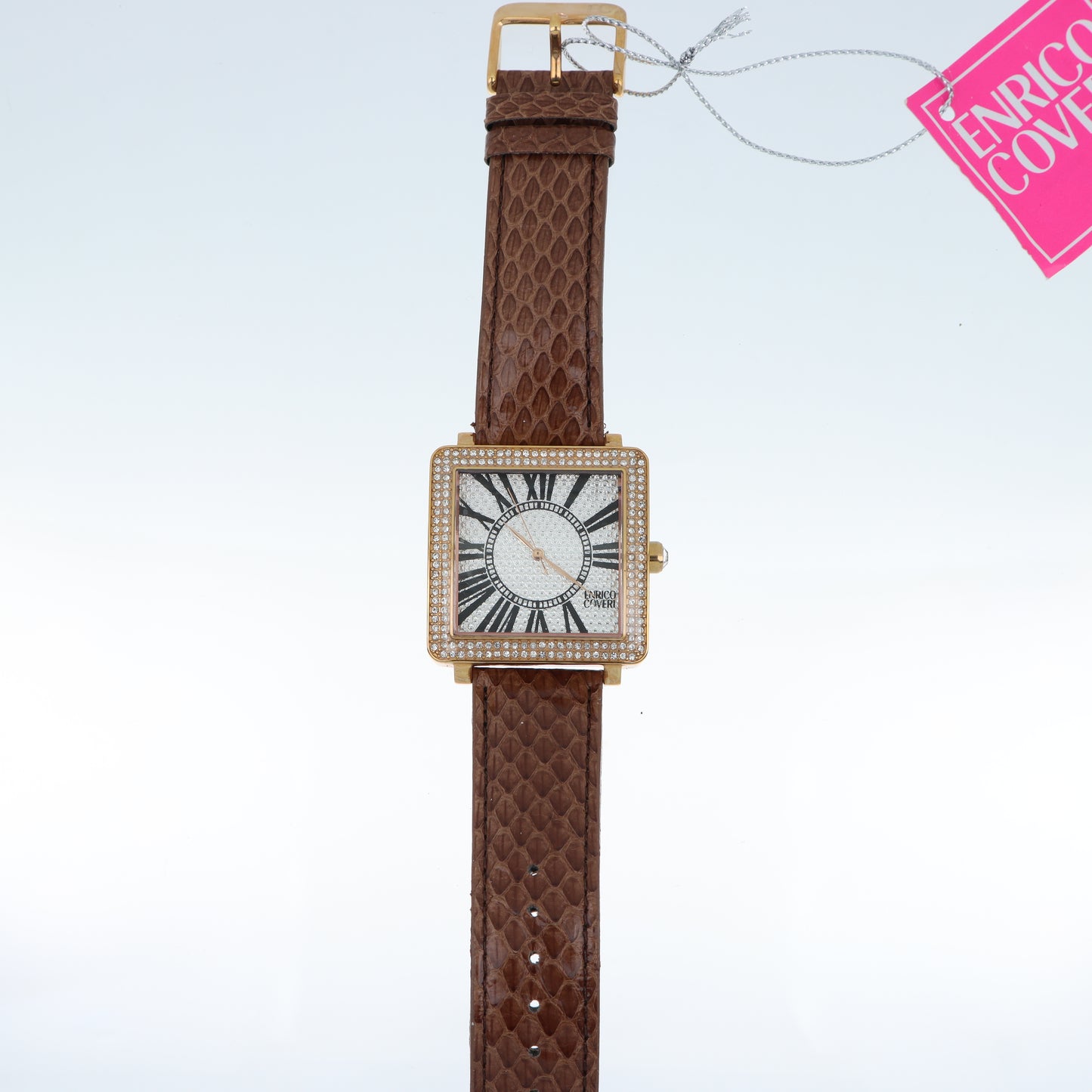 Enrico Coveri - Orologio Donna Cassa Quadrata Gold Pavé Numeri Romani Cinturino Pitone
