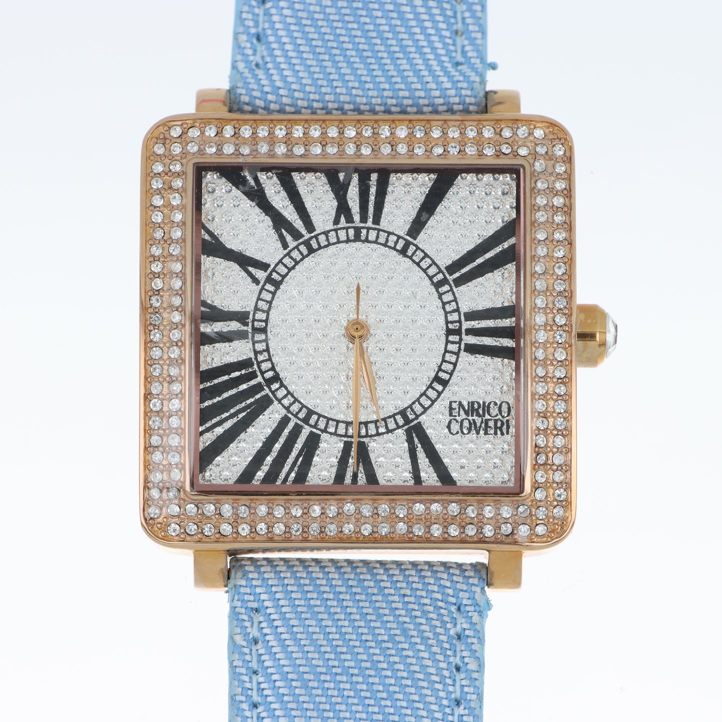 Enrico Coveri - Orologio Donna Cassa Quadrata Gold Pavé Numeri Romani Cinturino Denim