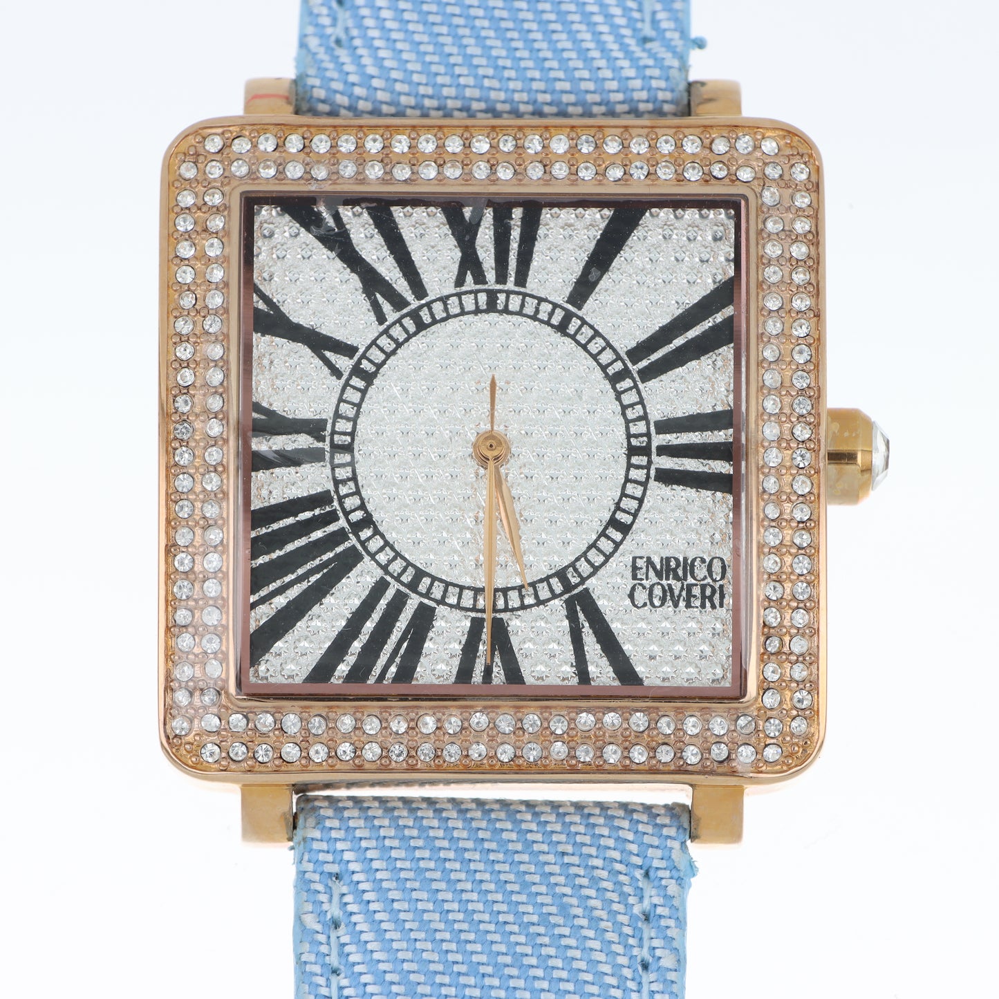 Enrico Coveri - Orologio Donna Cassa Quadrata Gold Pavé Numeri Romani Cinturino Denim