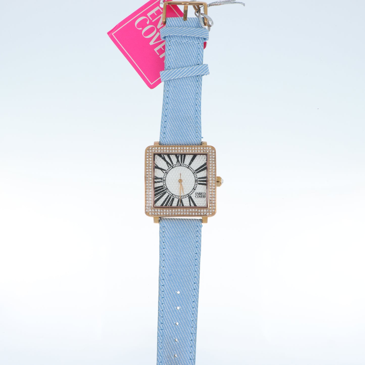 Enrico Coveri - Orologio Donna Cassa Quadrata Gold Pavé Numeri Romani Cinturino Denim