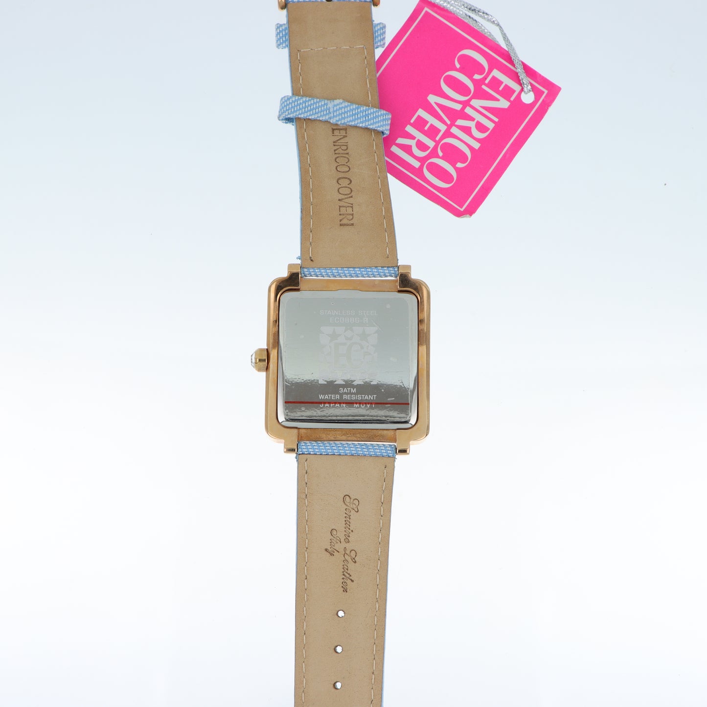 Enrico Coveri - Orologio Donna Cassa Quadrata Gold Pavé Numeri Romani Cinturino Denim