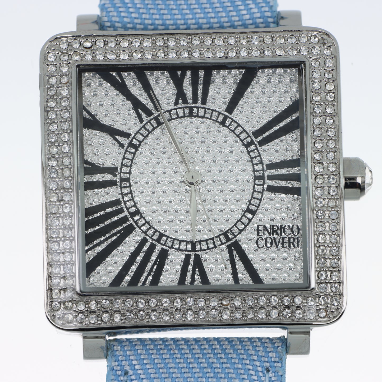 Enrico Coveri - Orologio Donna Cassa Quadrata Pavé Numeri Romani Cinturino Denim