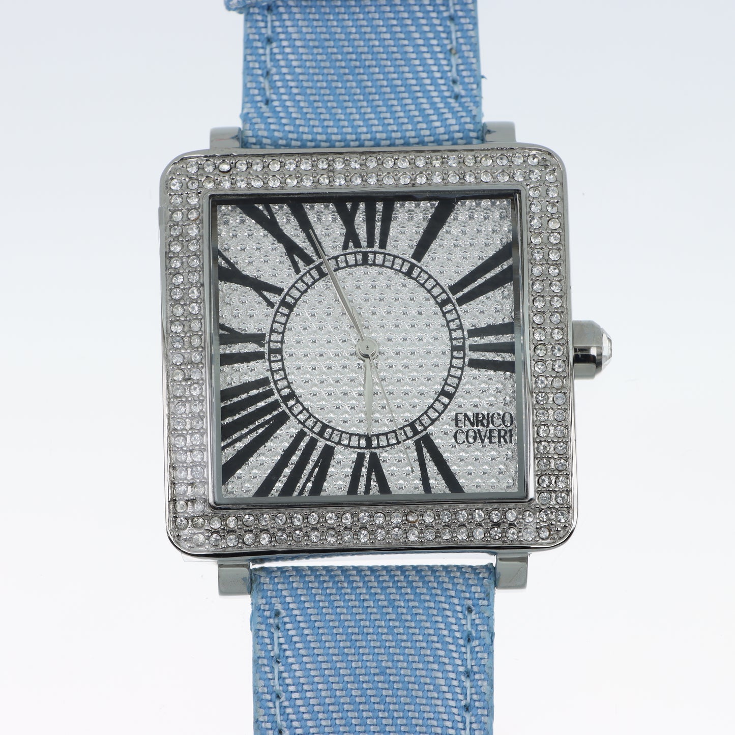 Enrico Coveri - Orologio Donna Cassa Quadrata Pavé Numeri Romani Cinturino Denim