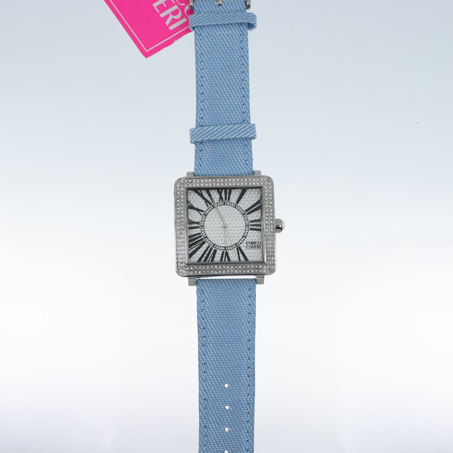 Enrico Coveri - Orologio Donna Cassa Quadrata Pavé Numeri Romani Cinturino Denim