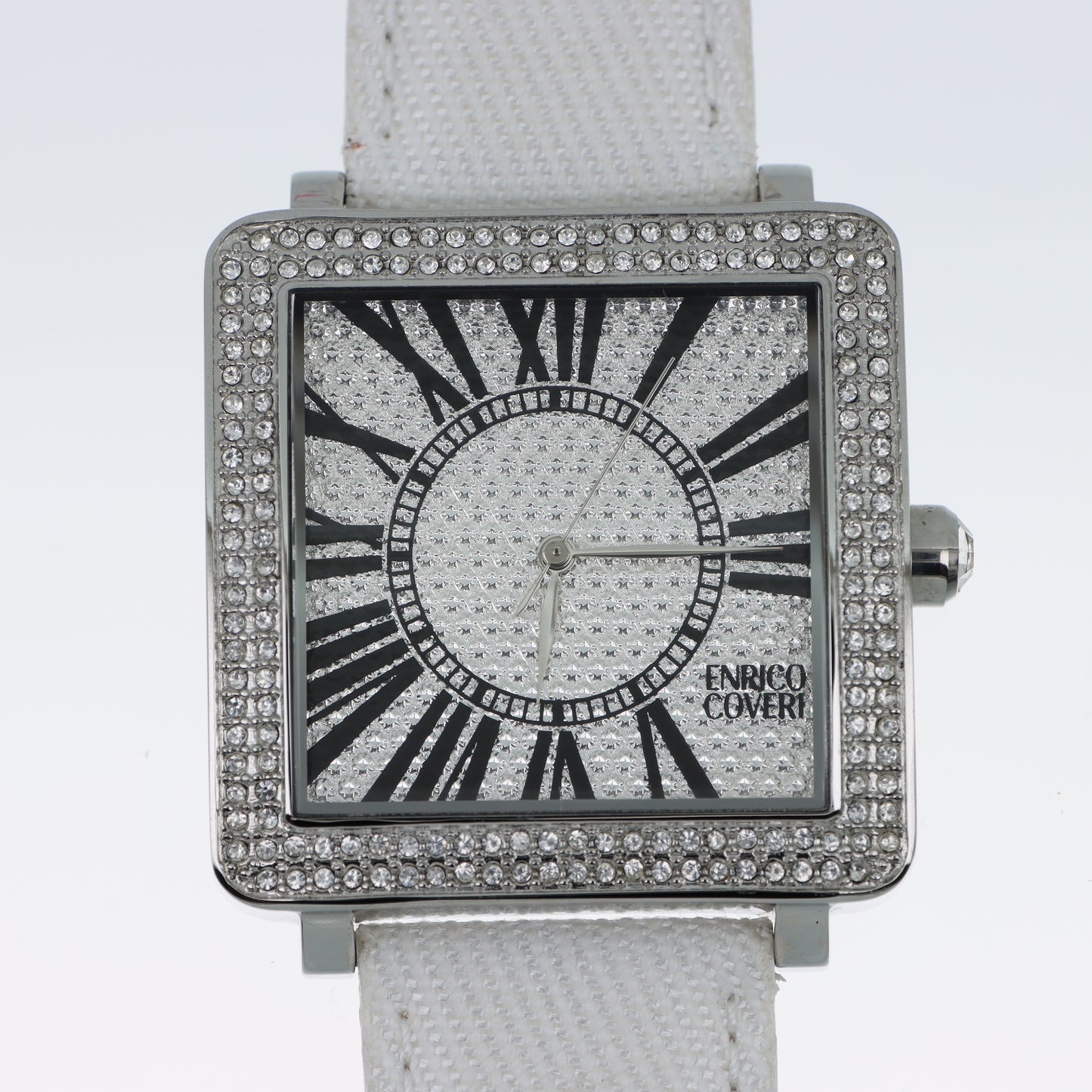 Enrico Coveri - Orologio Donna Cassa Quadrata Full Pavé Cinturino Bianco