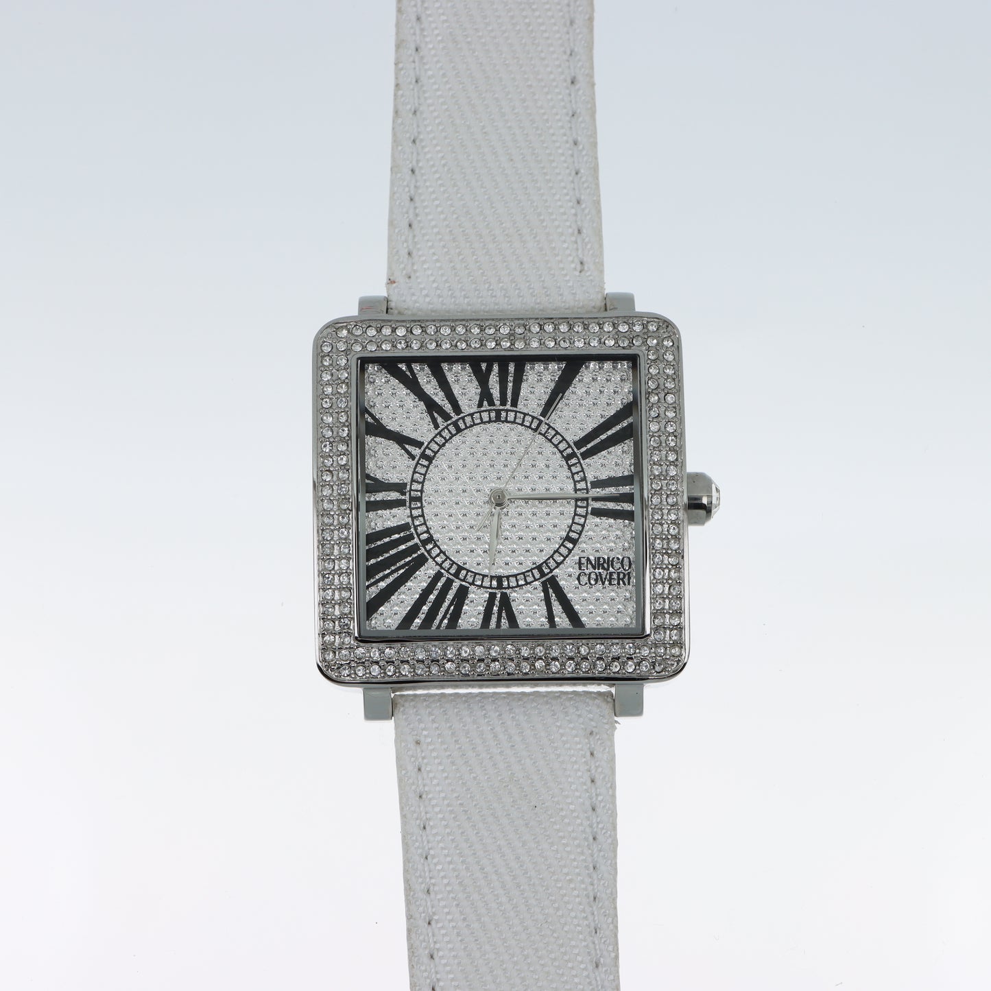 Enrico Coveri - Orologio Donna Cassa Quadrata Full Pavé Cinturino Bianco