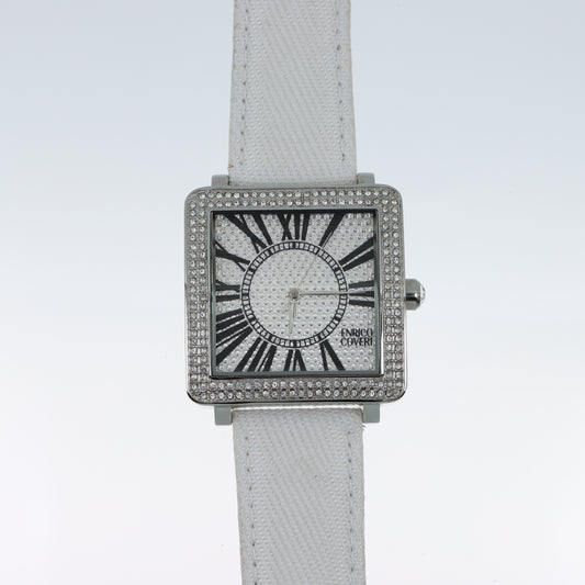 Enrico Coveri - Orologio Donna Cassa Quadrata Full Pavé Cinturino Bianco