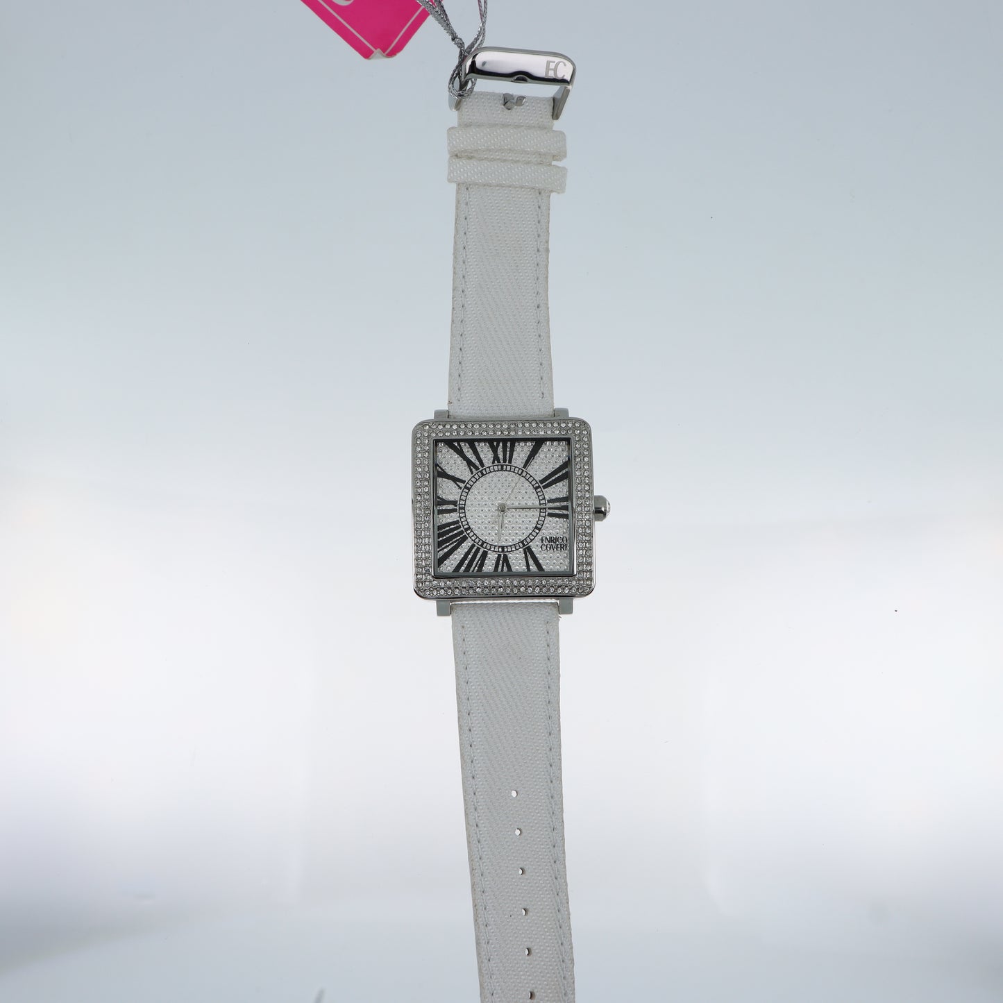 Enrico Coveri - Orologio Donna Cassa Quadrata Full Pavé Cinturino Bianco